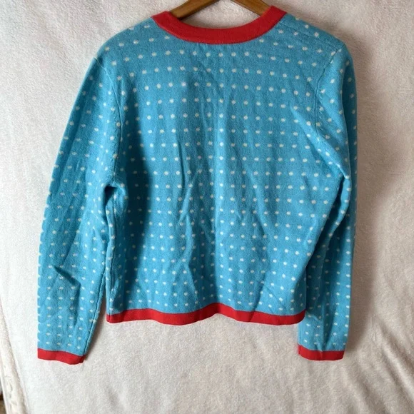 J. McLaughlin 100% Cashmere Dottie Seabreeze Cardigan Blue & Coral polka dot - Picture 5 of 5